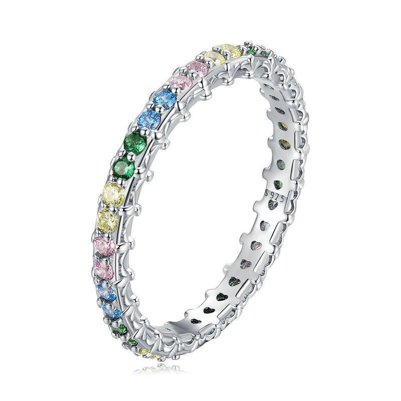 925 Sterling Silver Simple Stackable Rainbow Cubic Zircon Ring