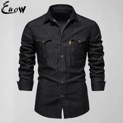 Long Sleeve Denim Shirts Pocket Men Shirts Streetwear