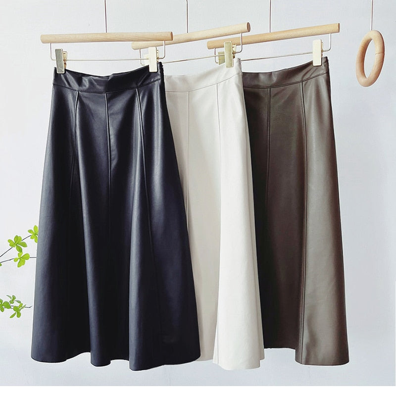 Fashion Vintage PU Leather Midi Long Skirt Women High Waist A Line Skirt