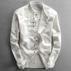 Mens Linen Shirt Stand Collar Long Sleeve Slim Fit Casual Breathable Classical Tops