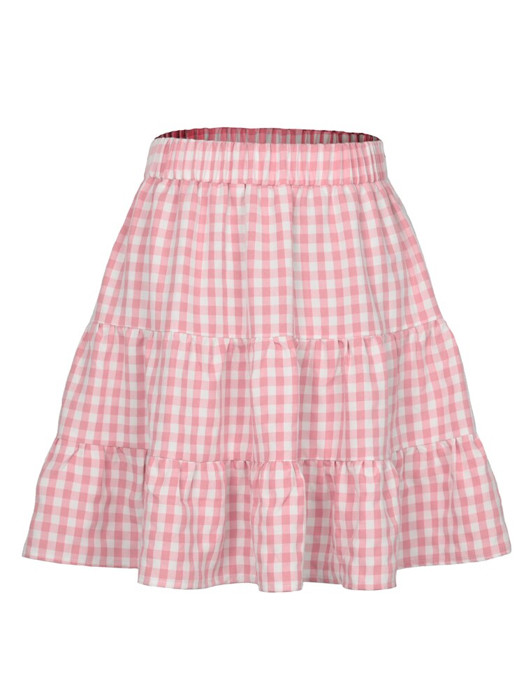 Women Plaid Print Pink Sweet Skirt High Waist Pleated