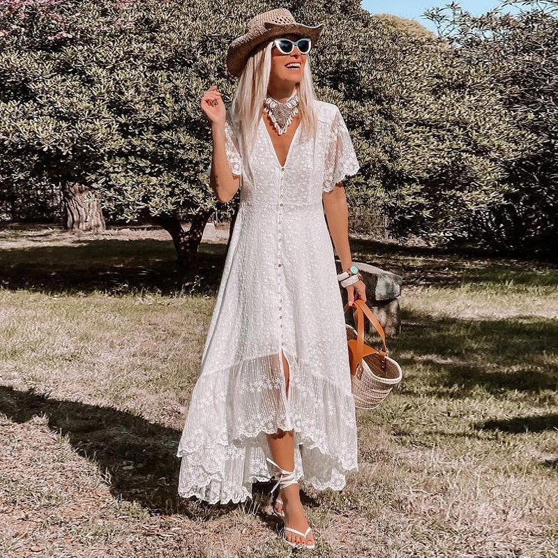 Women Solid Floral Short Sleeve Beach Slim Bohemian Maxi Dress