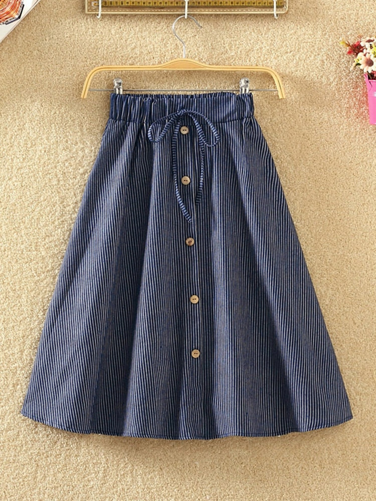 Knee Lenth Denim Skirt WomenStriped High Waist