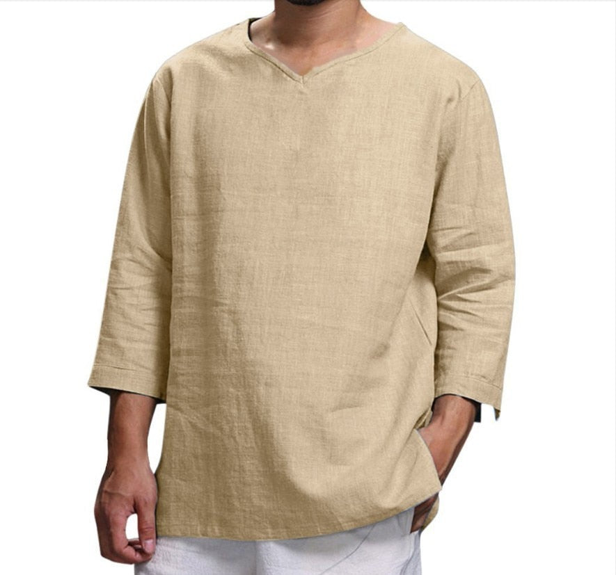 Men Casual Blouse Linen Shirt Loose Tops Long Sleeve Tee Shirts