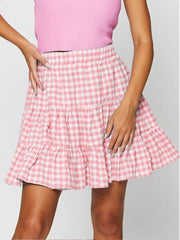 Women Plaid Print Pink Sweet Skirt High Waist Pleated