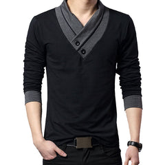 Slim Fit Long Sleeve T Shirt Men Patchwork Collar Tee V-Neck Men T Shirts