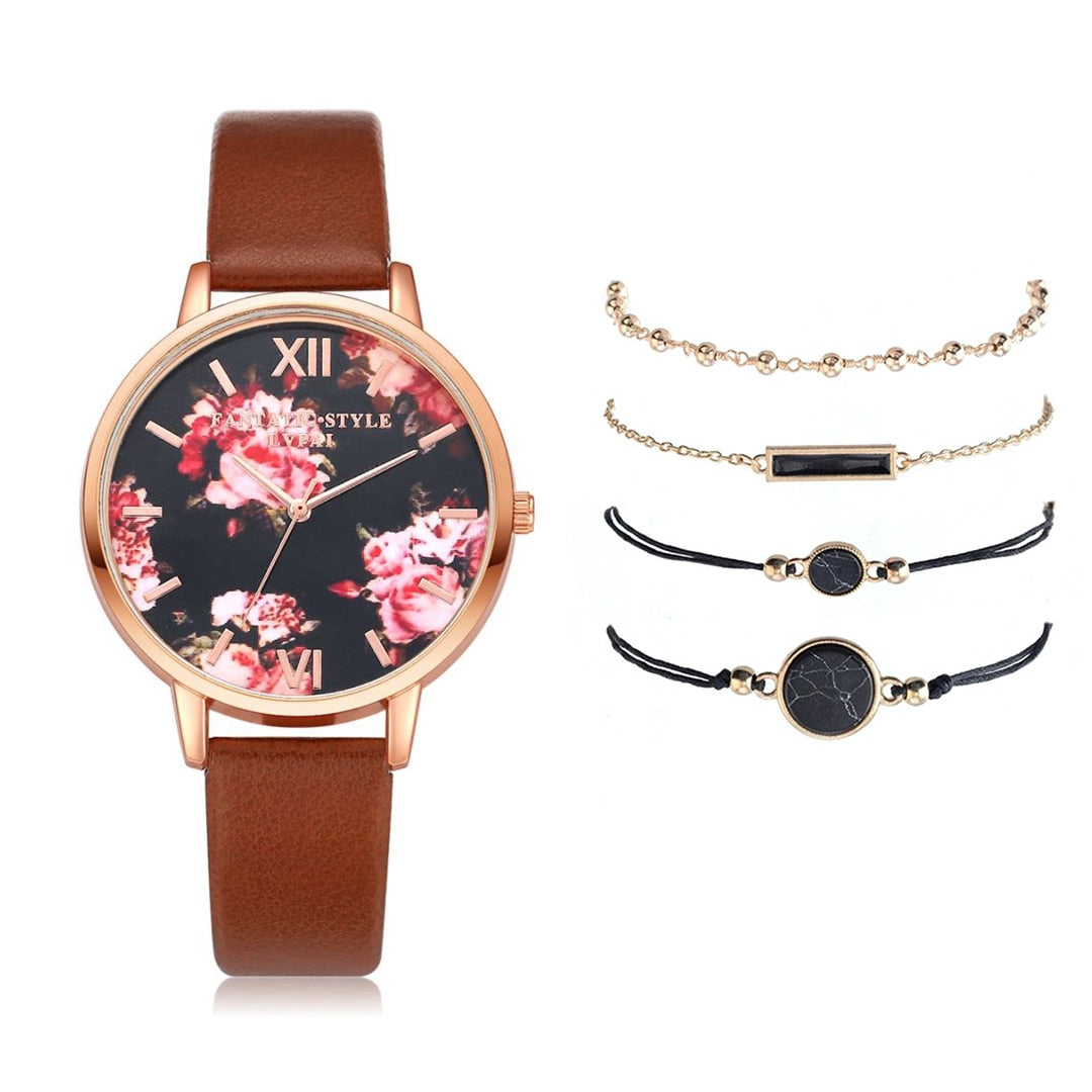 Watch Set Women 5pcs Woman Quartz Wristwatch Leather Ladies Bracelet