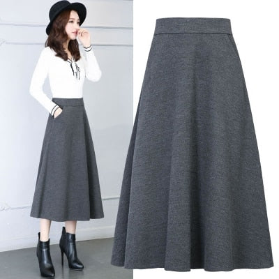 Winter Women Long Woolen Skirt Fashion High Waist Basic Wool Skirts