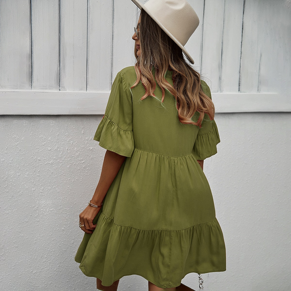 Boho Casual Dress Button Flared Sleeve Loose Dresses