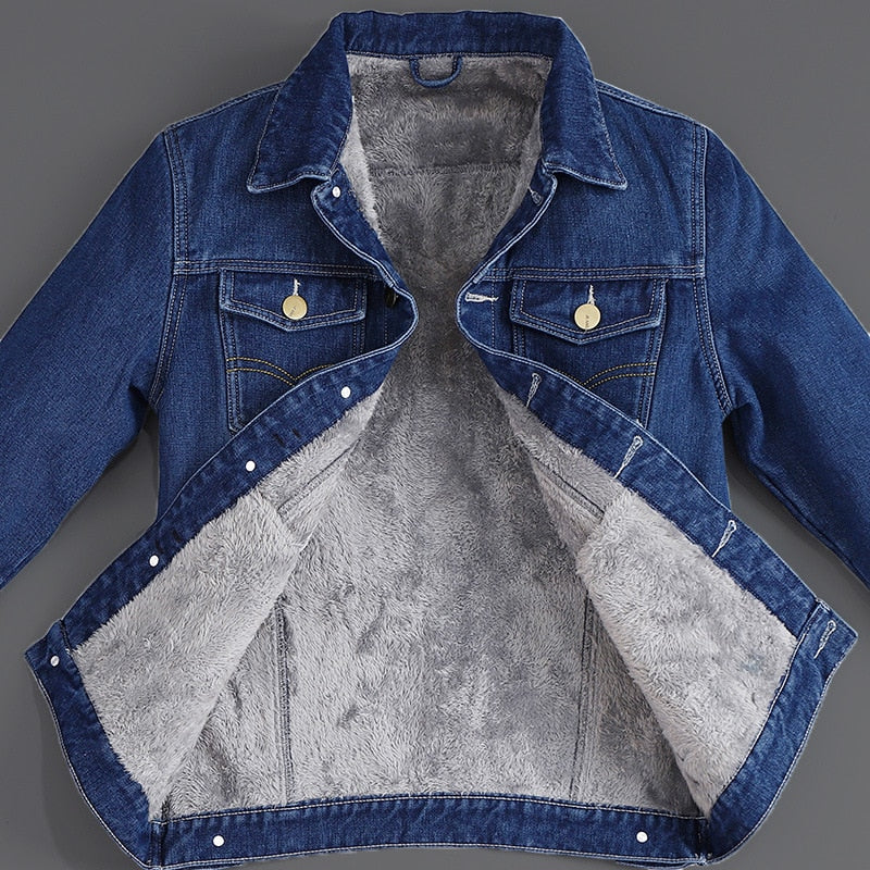 Denim Jacket Thick Warm Lined Fleece Jeans Jackets Blue Slim Jeans Coat Top