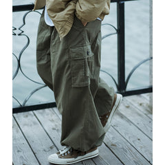 Multi-Pocket Pants Men Casual Straight Pants Baggy Wide-leg Cropped Ankle-length Pants