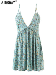 Vintage Women Green Floral Print Sleeveless Beach Bohemian Strap Dress