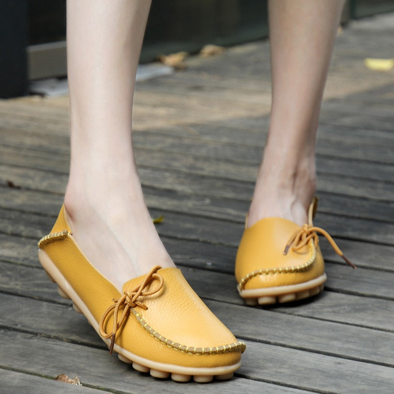 Flats Shoes Loafers Leather Female Slip on Ballet Bowtie Low-top