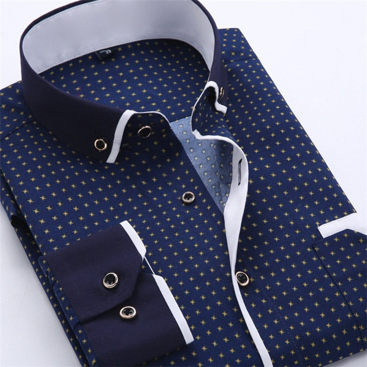 Men Shirt Long Sleeve Slim Fit Button Down Collar Printed Business Shirts