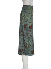 Green Fairycore Graphic Printed Midi Skirt Vintage Aesthetic Frill Chic