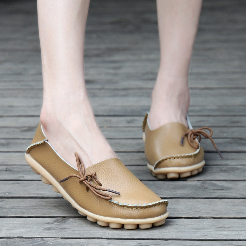 Flats Shoes Loafers Leather Female Slip on Ballet Bowtie Low-top