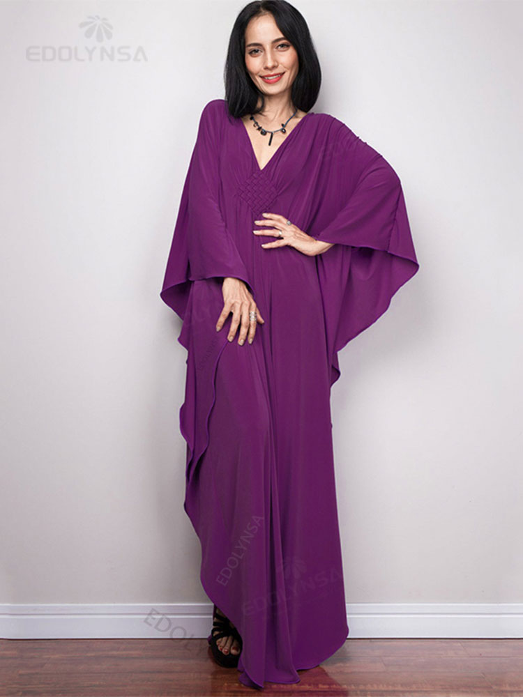 Solid V-neck Batwing Sleeve Plus Size Loose Maxi Dress