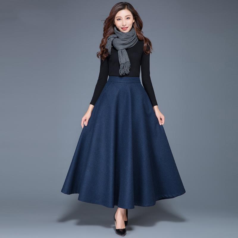 Winter Women Long Woolen Skirt Fashion High Waist Basic Wool Skirts