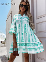 Stripe Print Ruffle Dress Casual V-neck High Waist Green Mini Dresses