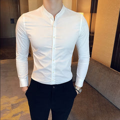 Mens Stand-up Collar Casual Business Long-sleeved Slim Casual Shirt