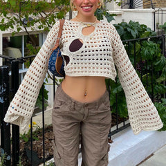 Cover Up Hollow Out Long Flared Sleeve Crochet Knitted Crop Tops