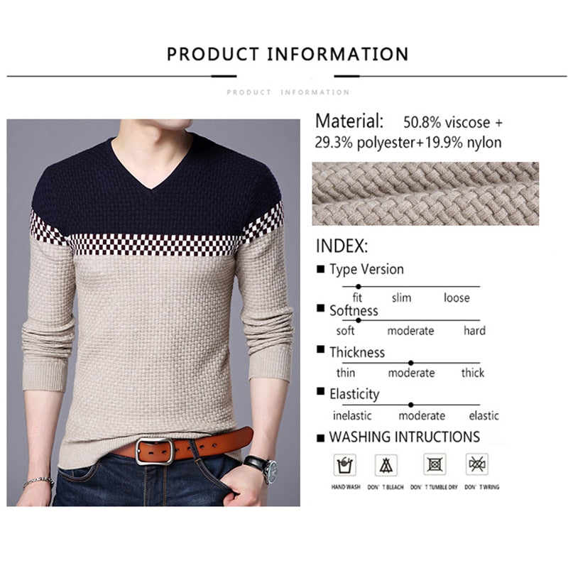 Men Sweater Business Leisure Sweater Pullover V-neck Fit Slim Sweaters Knitted