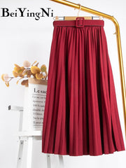 High Waist Women Skirt Casual Vintage Solid Belted Pleated Midi Skirts