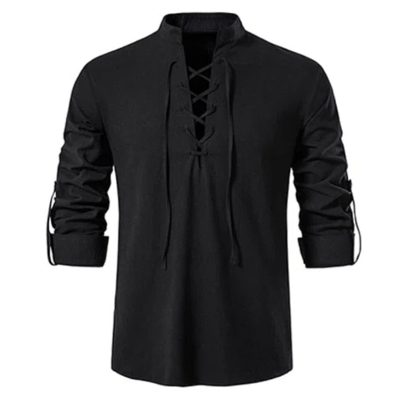 Men V-neck shirt T-shirt Thin Long Sleeve Top Breathable Front Lace Up Shirts