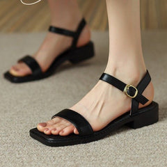 Summer French Retro Roman Sandals Square Toe Low Heel