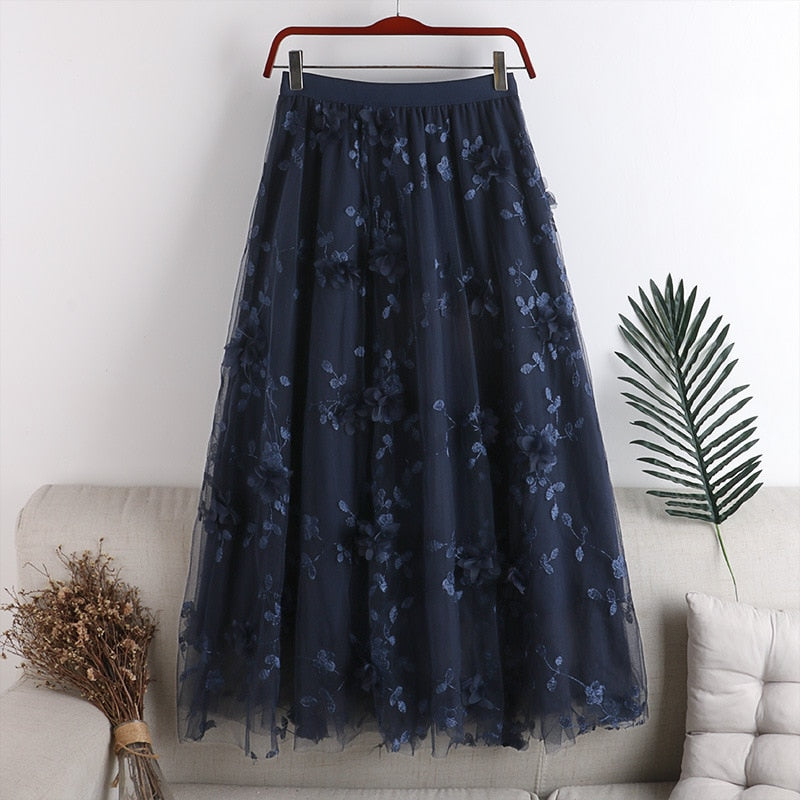 Women Floral Tutu Tulle Mesh Skirts Spring Elastic High Waist