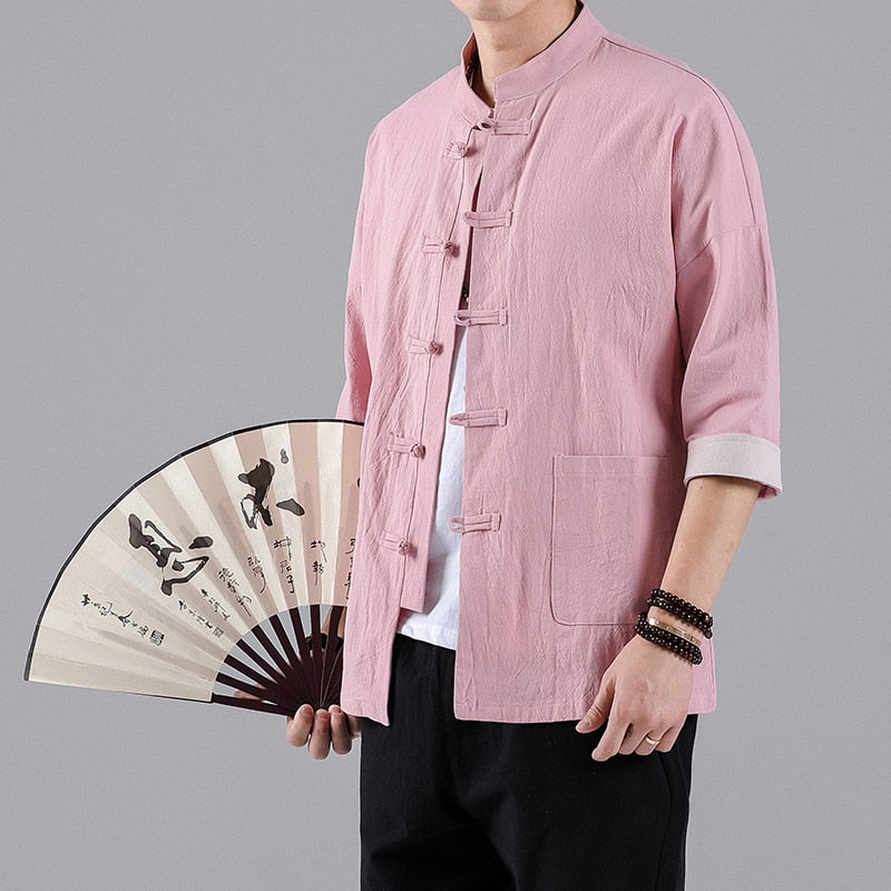 Chinese Style Mens Tops Tang Suit Linen Half Sleeve Solid