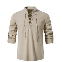 Men V-neck shirt T-shirt Thin Long Sleeve Top Breathable Front Lace Up Shirts