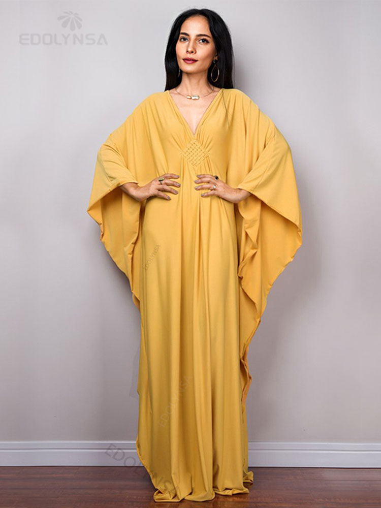 Solid V-neck Batwing Sleeve Plus Size Loose Maxi Dress