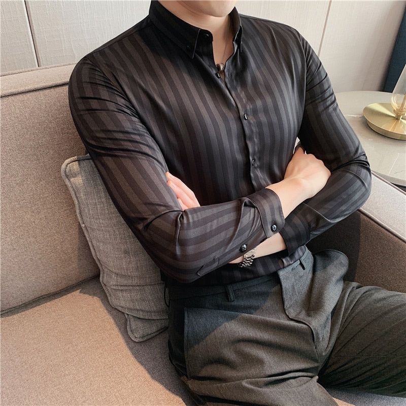 Shirts Men Dress Vertical Stripe Streetwear Slim Shirt Casual Long Sleeve Shirt