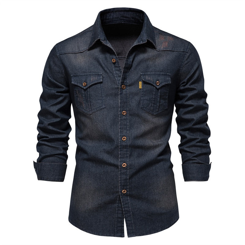 Long Sleeve Denim Shirts Pocket Men Shirts Streetwear