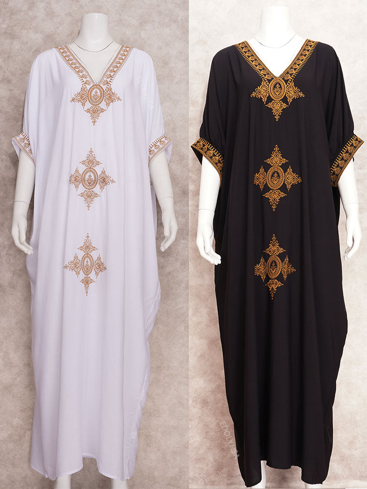 Elegant Gold Embroidered Kaftan Retro V-neck White Dress