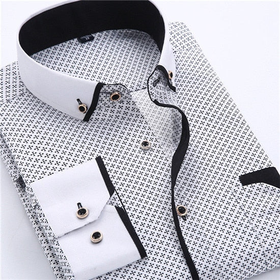 Men Shirt Long Sleeve Slim Fit Button Down Collar Printed Business Shirts