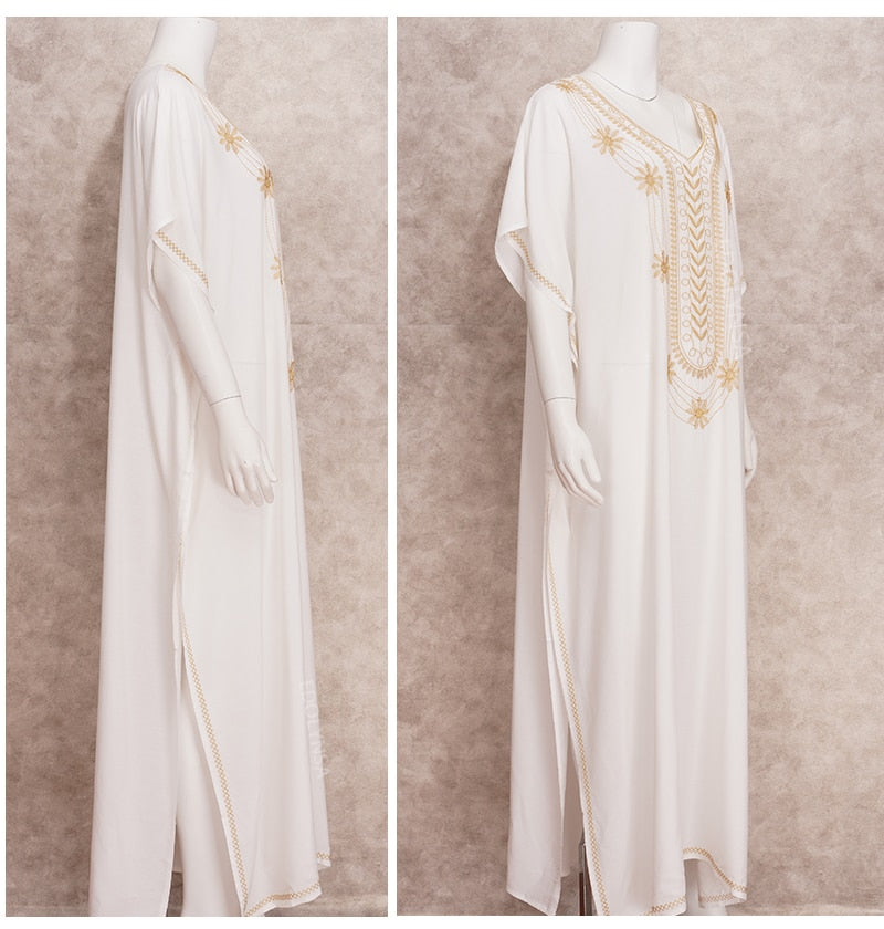 Elegant Gold Embroidered Kaftan Long White Tunic Loose Maxi Dress