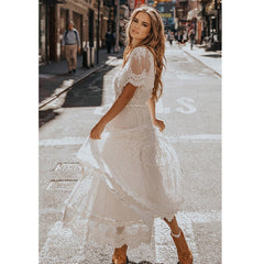 Women Solid Short Sleeve Beach Sexy Lace Bohemian Maxi Dress