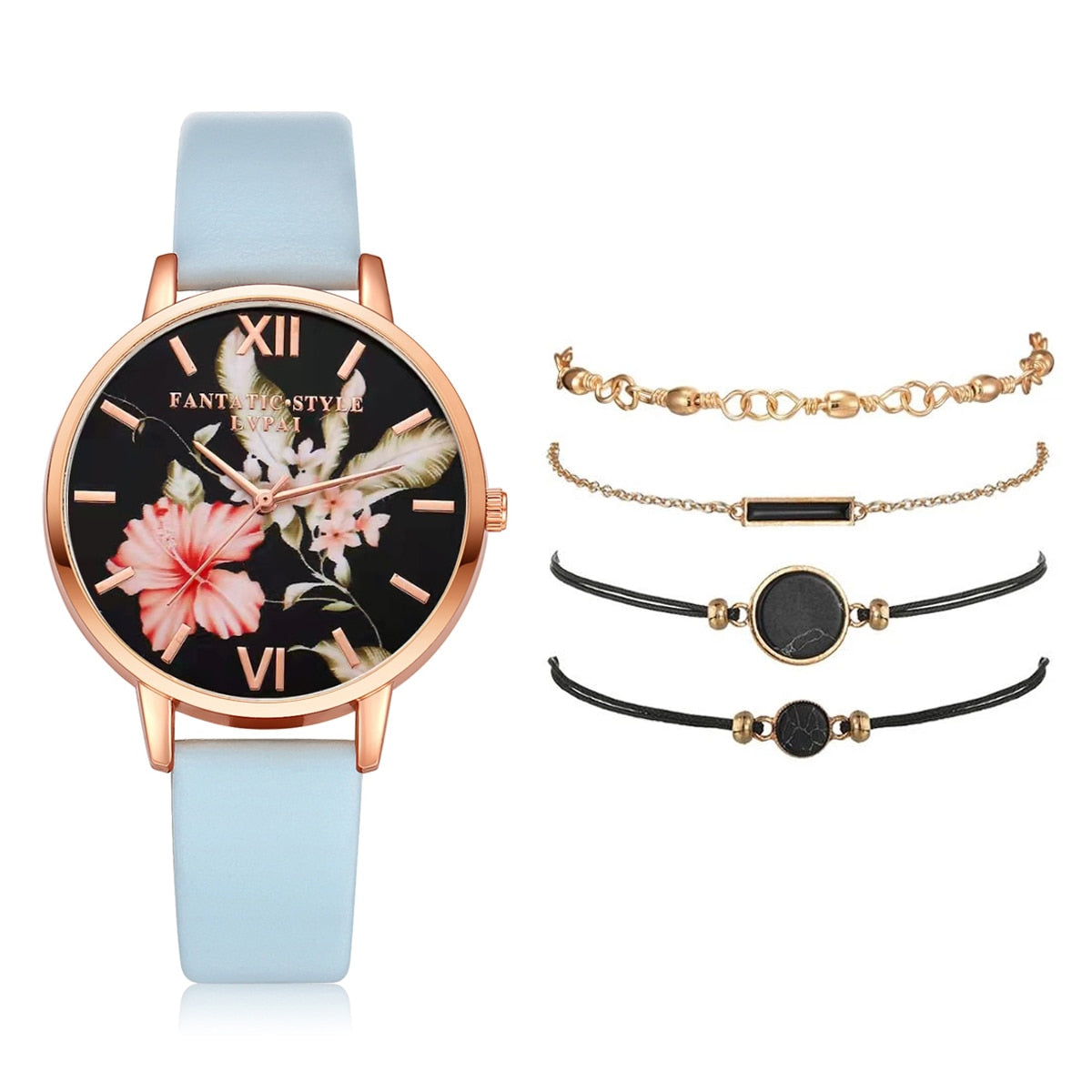 Watch Set Women 5pcs Woman Quartz Wristwatch Leather Ladies Bracelet