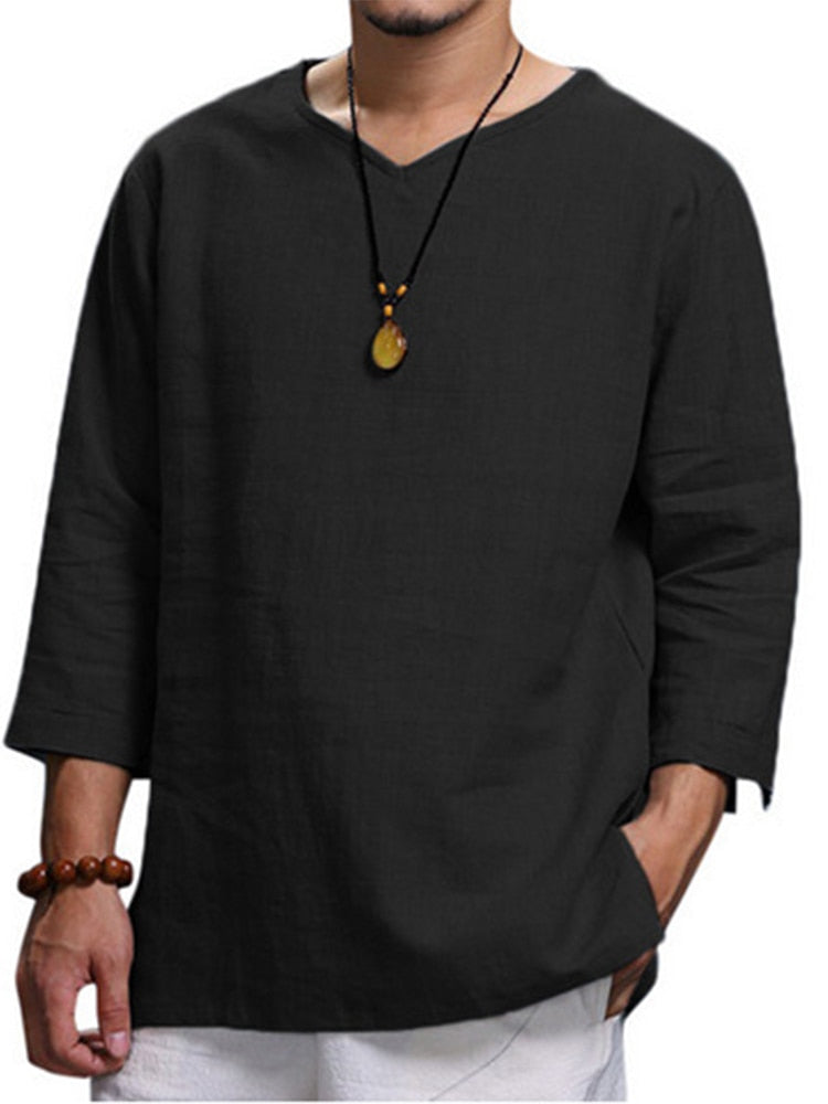 Men Casual Blouse Linen Shirt Loose Tops Long Sleeve Tee Shirts