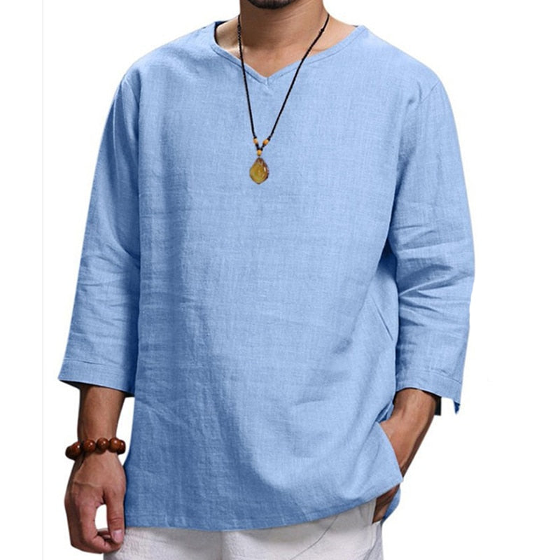 Men Casual Blouse Linen Shirt Loose Tops Long Sleeve Tee Shirts