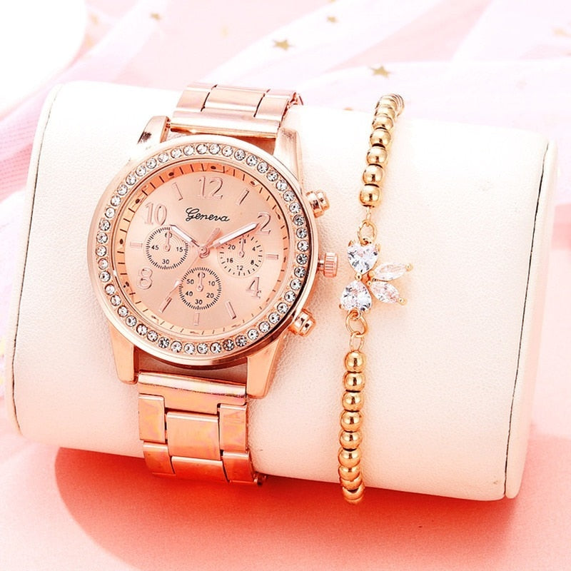 Rhinestone Rose Gold Watch Women Top Ladies Casual Quartz Watch