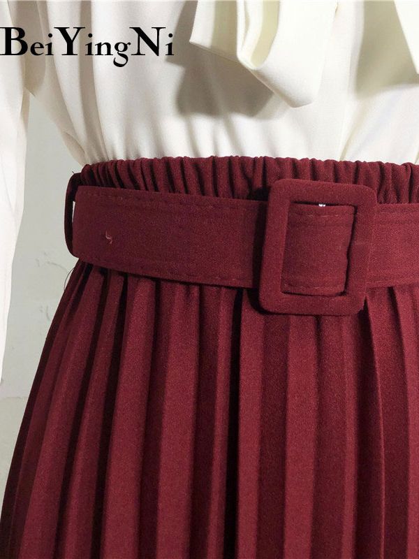 High Waist Women Skirt Casual Vintage Solid Belted Pleated Midi Skirts