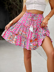 Boho Vacation Floral Print Mini Skirt Tassel Lace-up A-line All-match