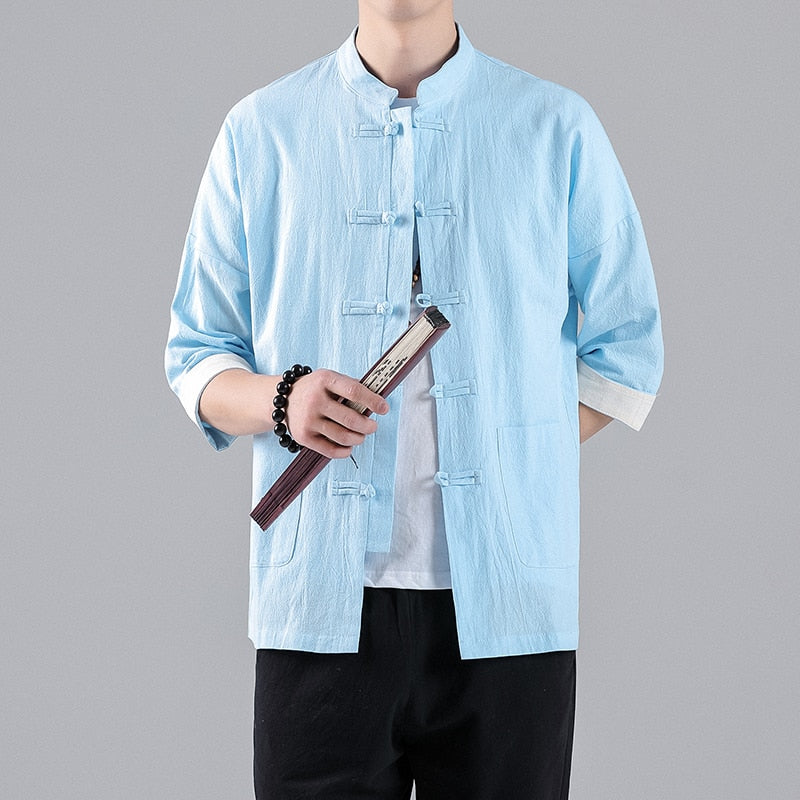 Chinese Style Mens Tops Tang Suit Linen Half Sleeve Solid