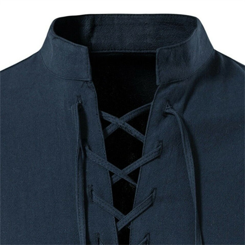 Men V-neck shirt T-shirt Thin Long Sleeve Top Breathable Front Lace Up Shirts