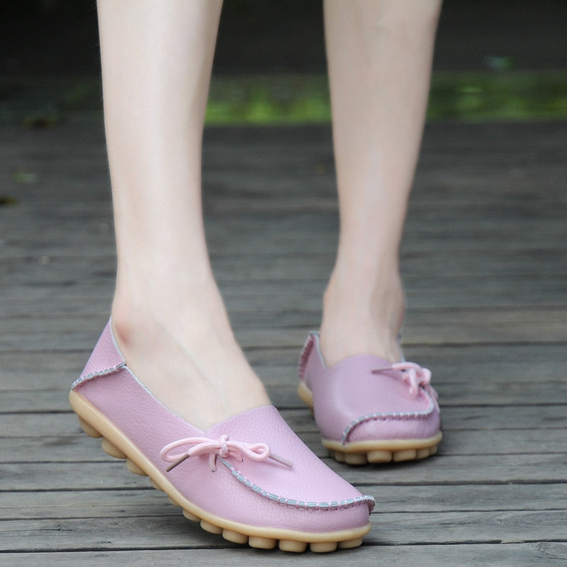 Flats Shoes Loafers Leather Female Slip on Ballet Bowtie Low-top