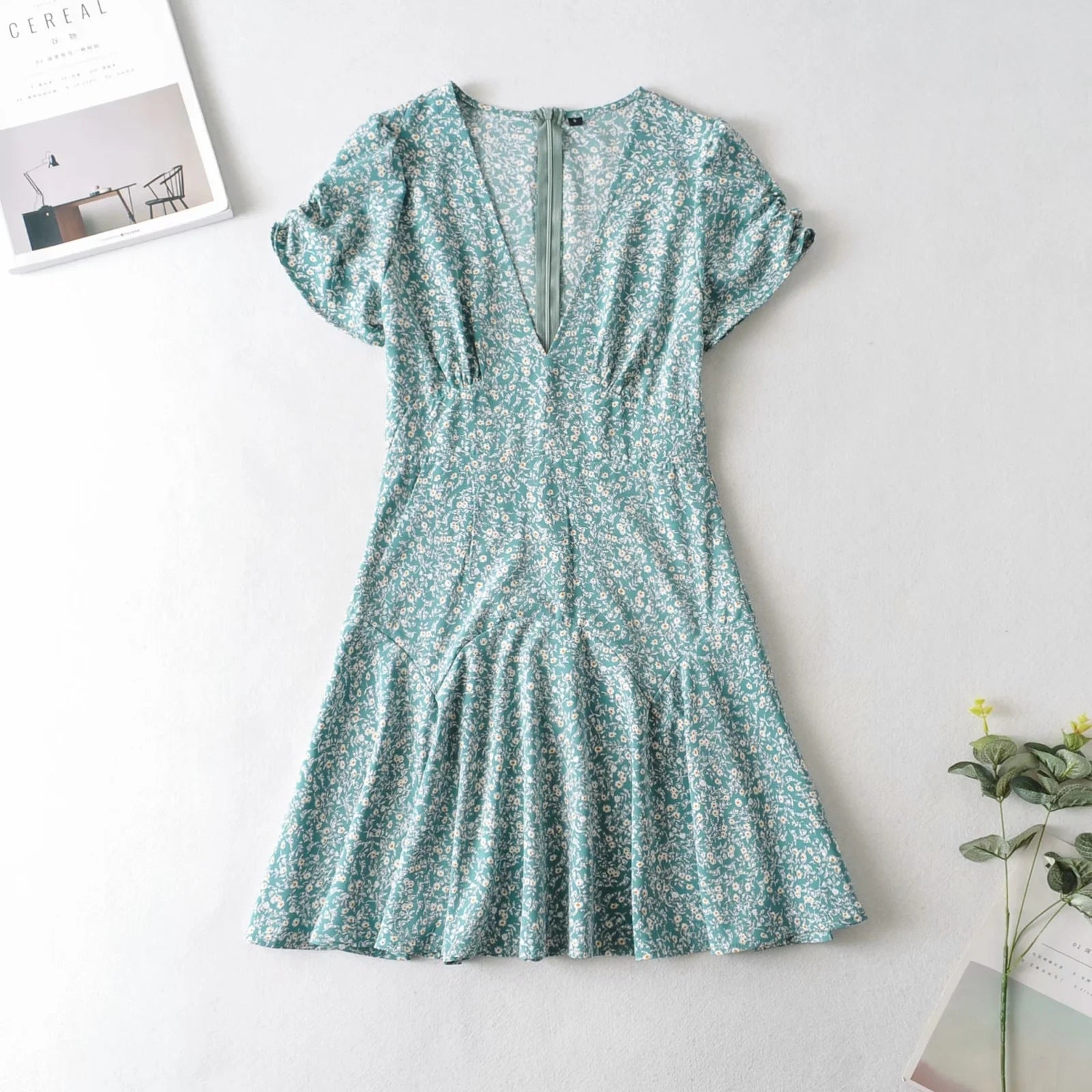 Blue Floral Print Beach Dress Short Sleeve Dress Boho