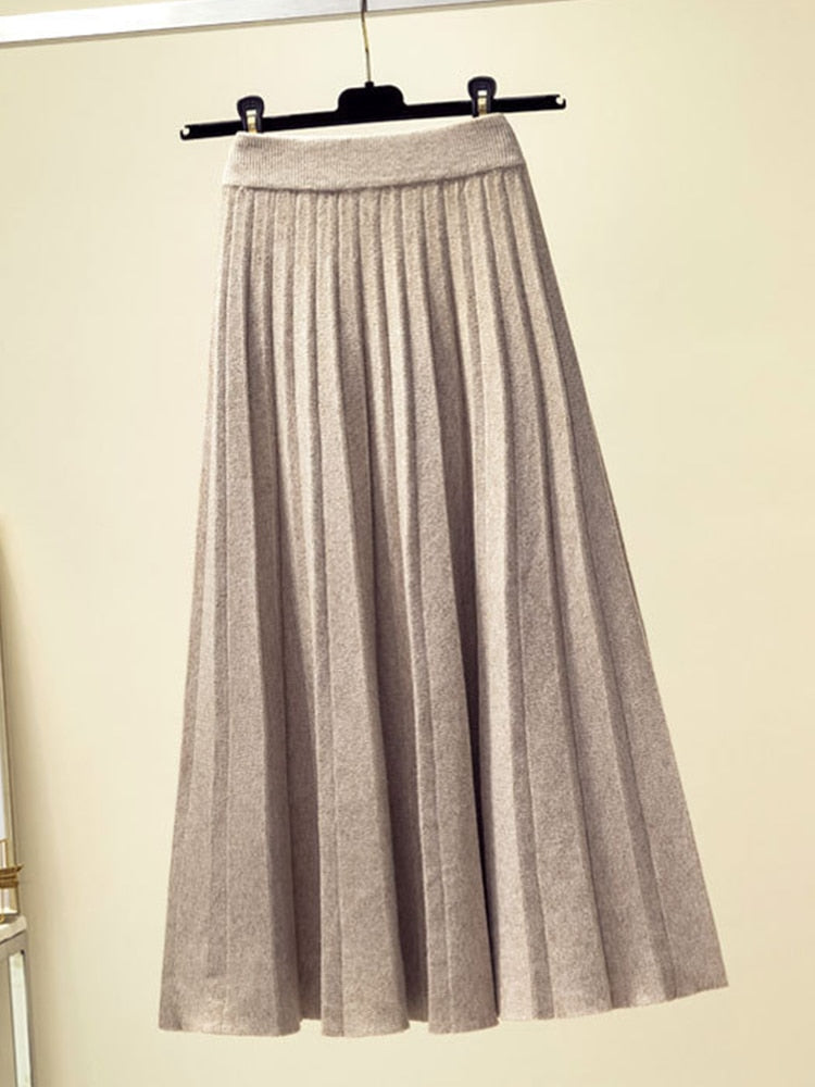 Fashion Knitted Midi Long Pleated Skirt Women